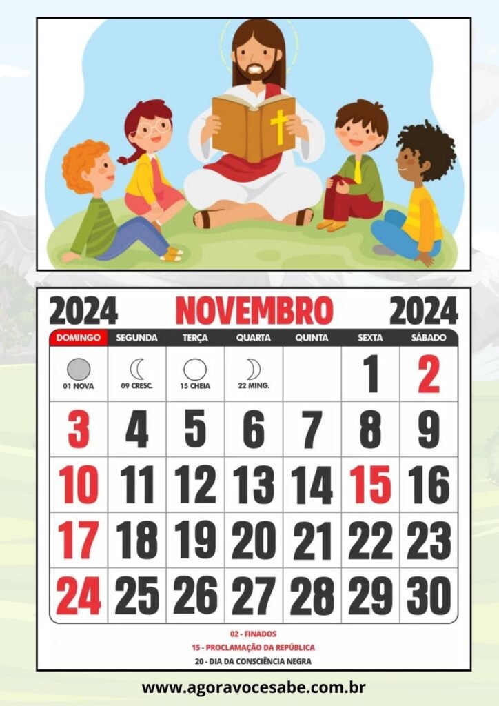 Calendário 2024 Para Educação Infantil - Uma Folha por Mês com Tema Bíblico - Novembro