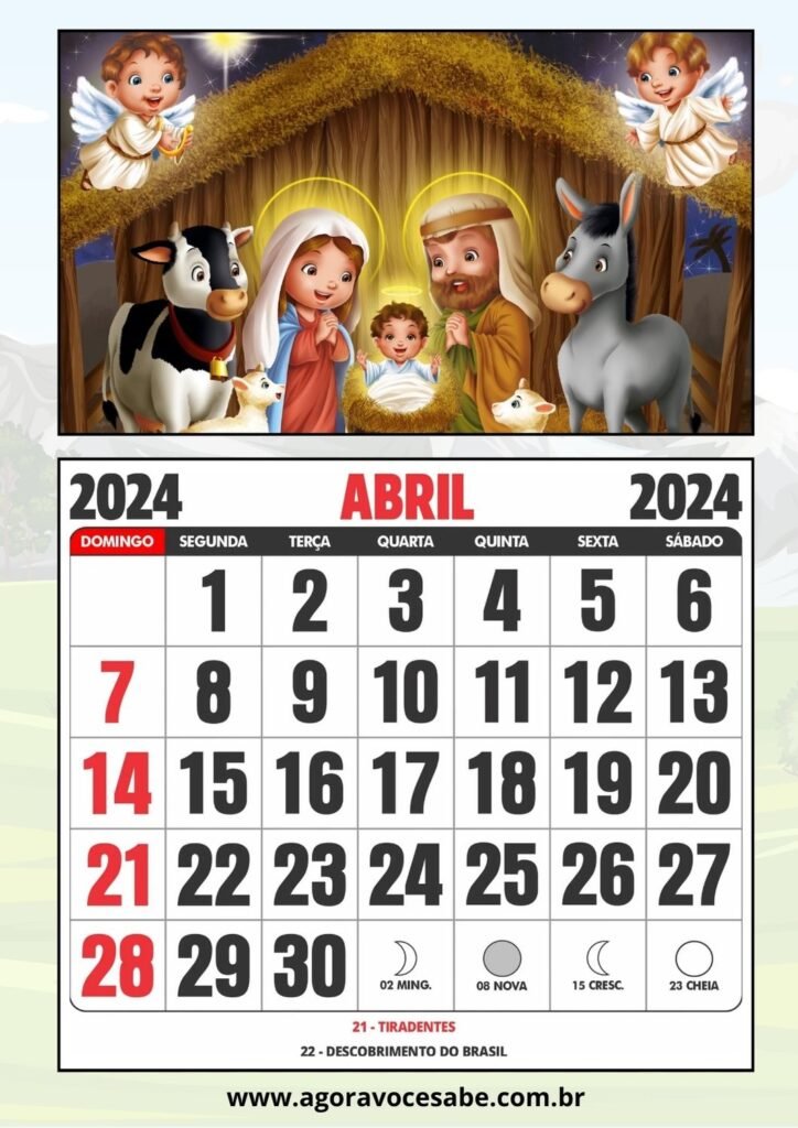 Calendário 2024 Para Educação Infantil - Uma Folha por Mês com Tema Bíblico - Abril
