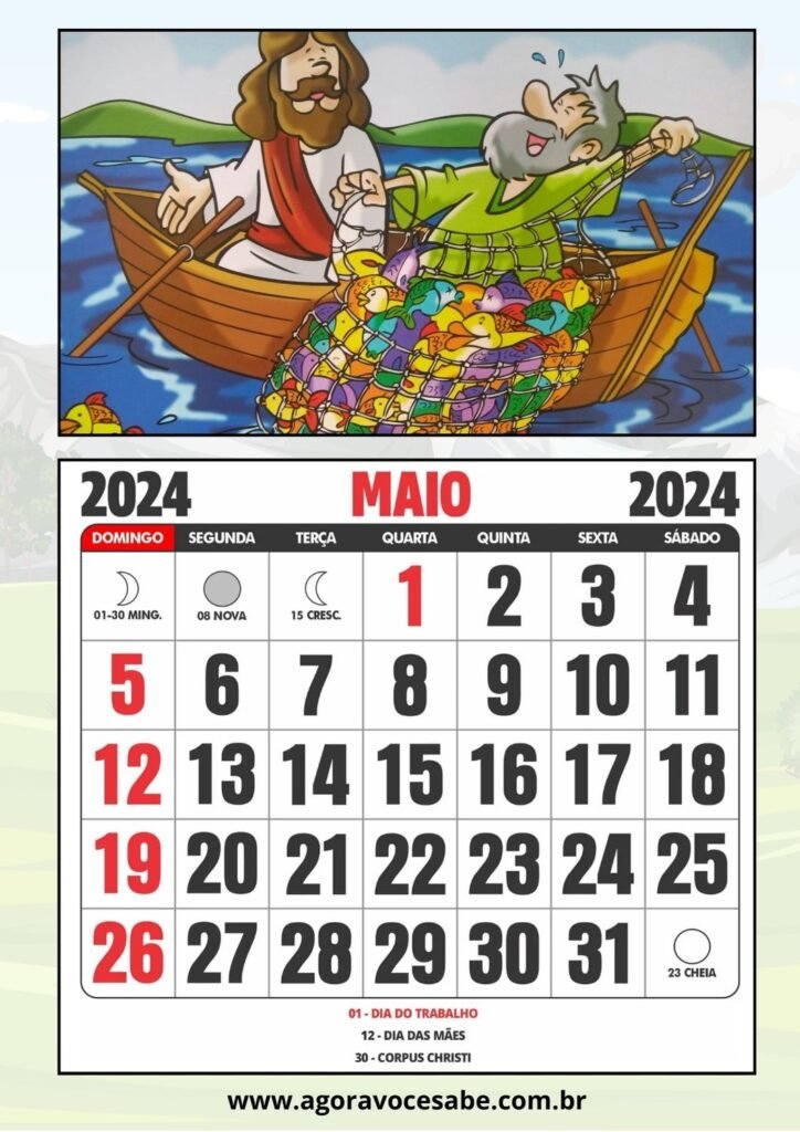 Calendário 2024 Para Educação Infantil - Uma Folha por Mês com Tema Bíblico - Maio