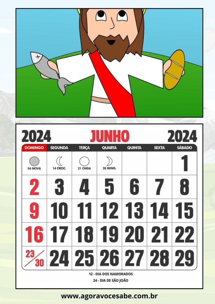 Calendário 2024 Para Educação Infantil - Uma Folha por Mês com Tema Bíblico - Junho