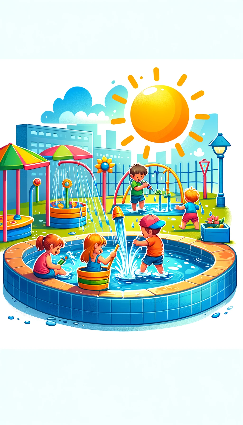 DALL·E 2024 03 09 12.30.05 A colorful illustration of children playing with water in a sunny outdoor setting featuring water tables and sprinklers. The scene is vibrant and pla