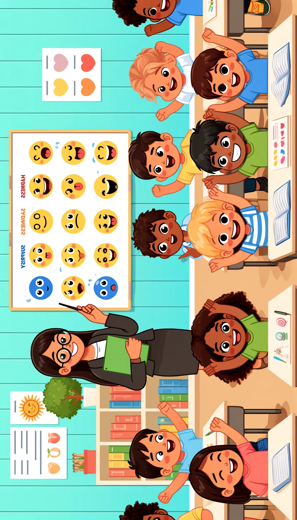DALL·E 2024 04 05 10.34.17 A classroom setting where children are learning about emotions depicted through an interactive session with a teacher using emoticons and facial