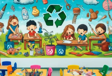 DALL·E 2024 05 30 11.09.31 A mural in a classroom depicting creative recycling activities. Children are making toys and art from recycled materials like plastic bottles and pape