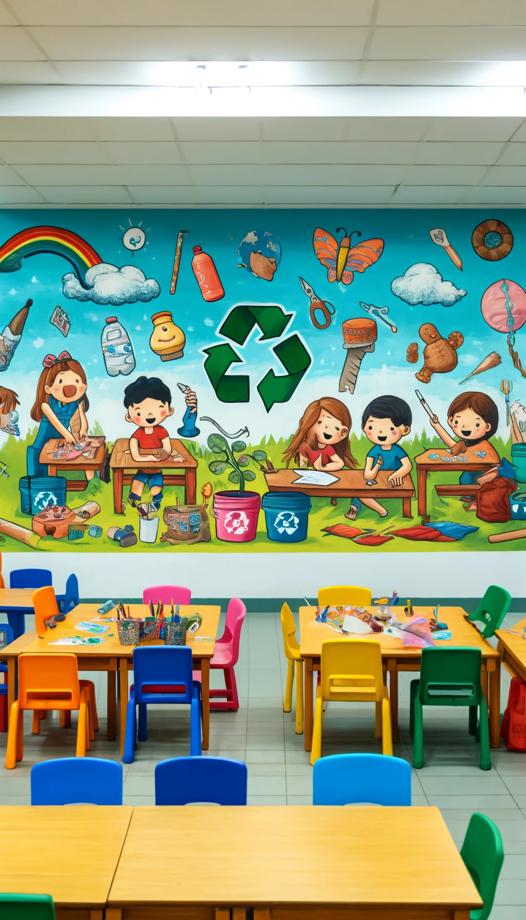 WebStories sobre Educação Infantil 6 DALL·E 2024 05 30 11.09.31 A mural in a classroom depicting creative recycling activities. Children are making toys and art from recycled materials like plastic bottles and pape