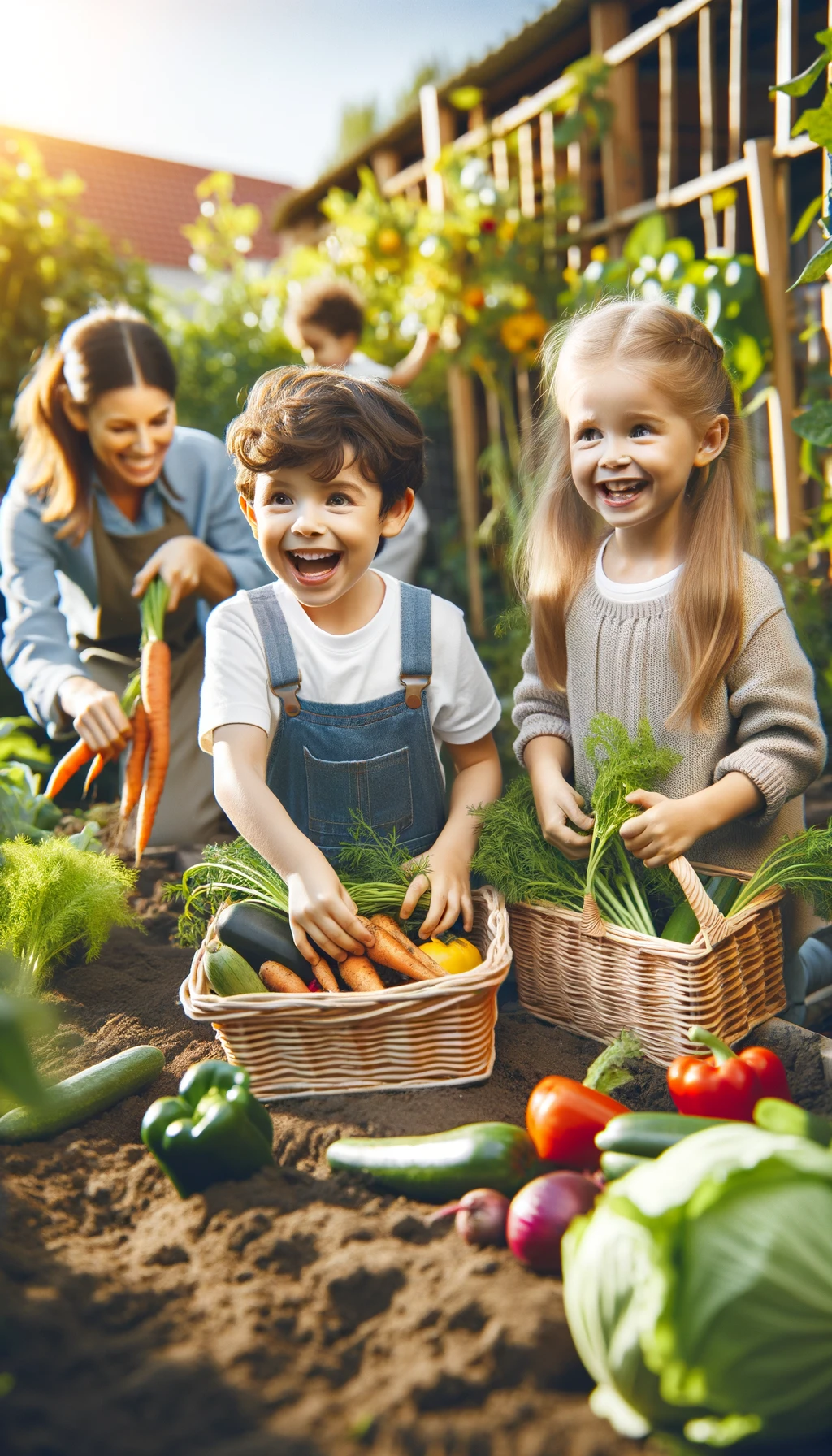 WebStories sobre Educação Infantil 5 DALL·E 2024 05 30 11.20.44 Children aged 4 to 5 years old harvesting vegetables from a garden bed with the help of a teacher. The children are excitedly picking vegetables and p