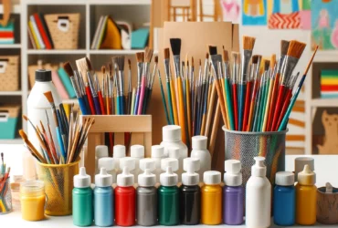 DALL·E 2024 05 30 11.28.20 A variety of art supplies including non toxic paints different sizes of brushes and various types of paper arranged neatly on a table in a classroom