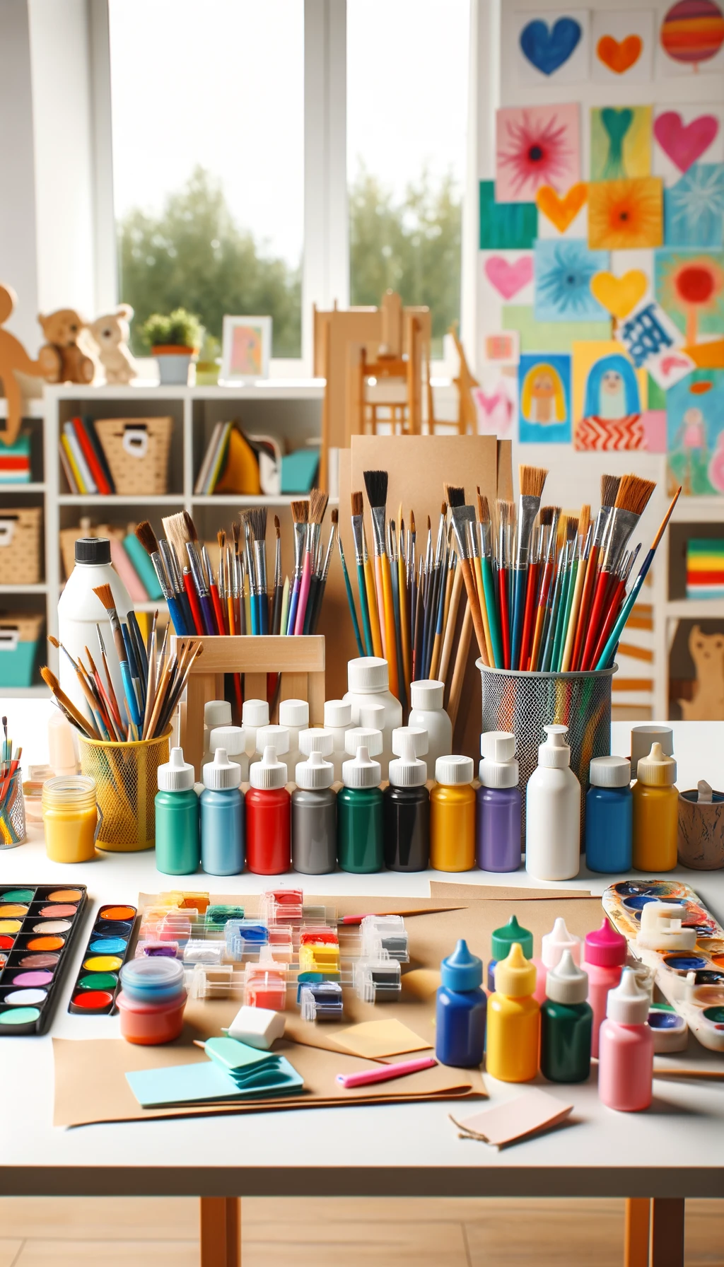 WebStories sobre Educação Infantil 4 DALL·E 2024 05 30 11.28.20 A variety of art supplies including non toxic paints different sizes of brushes and various types of paper arranged neatly on a table in a classroom