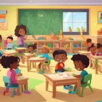 Crianças diversas envolvidas em atividades educacionais em sala de aula colorida, refletindo a implementação da BNCC na educação infantil.
