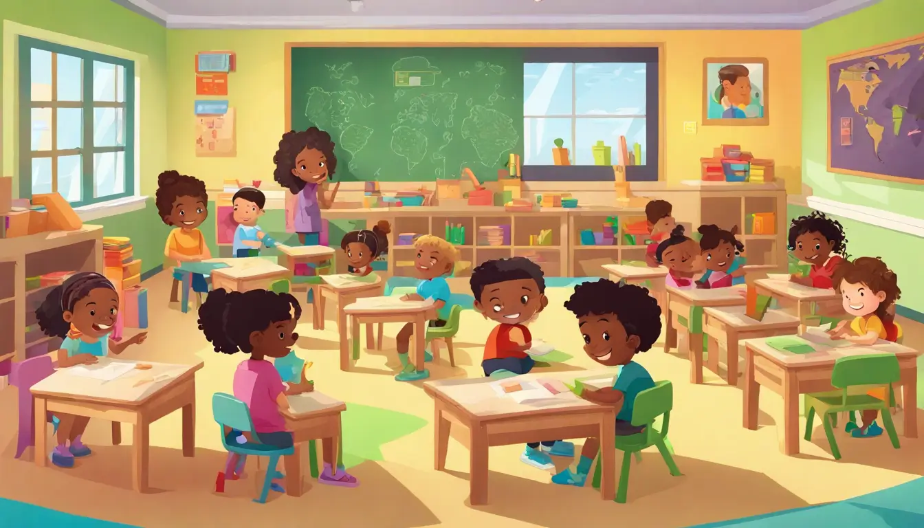 Crianças diversas envolvidas em atividades educacionais em sala de aula colorida, refletindo a implementação da BNCC na educação infantil.