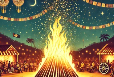 DALL·E 2024 06 24 11.22.34 A Brazilian Festa Junina scene with a large bright bonfire at night. People are gathered around enjoying the warmth and the festive atmosphere. The