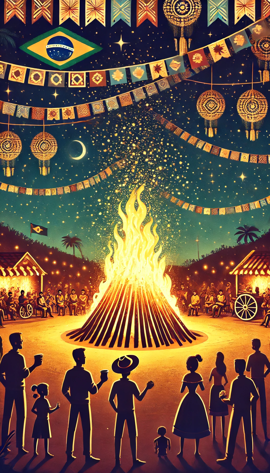 WebStories sobre Educação Infantil 9 DALL·E 2024 06 24 11.22.34 A Brazilian Festa Junina scene with a large bright bonfire at night. People are gathered around enjoying the warmth and the festive atmosphere. The