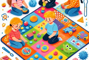 DALL·E 2024 06 24 11.39.45 Children participating in sensory activities on a colorful sensory mat. They are engaged in different activities exploring various textures and objec