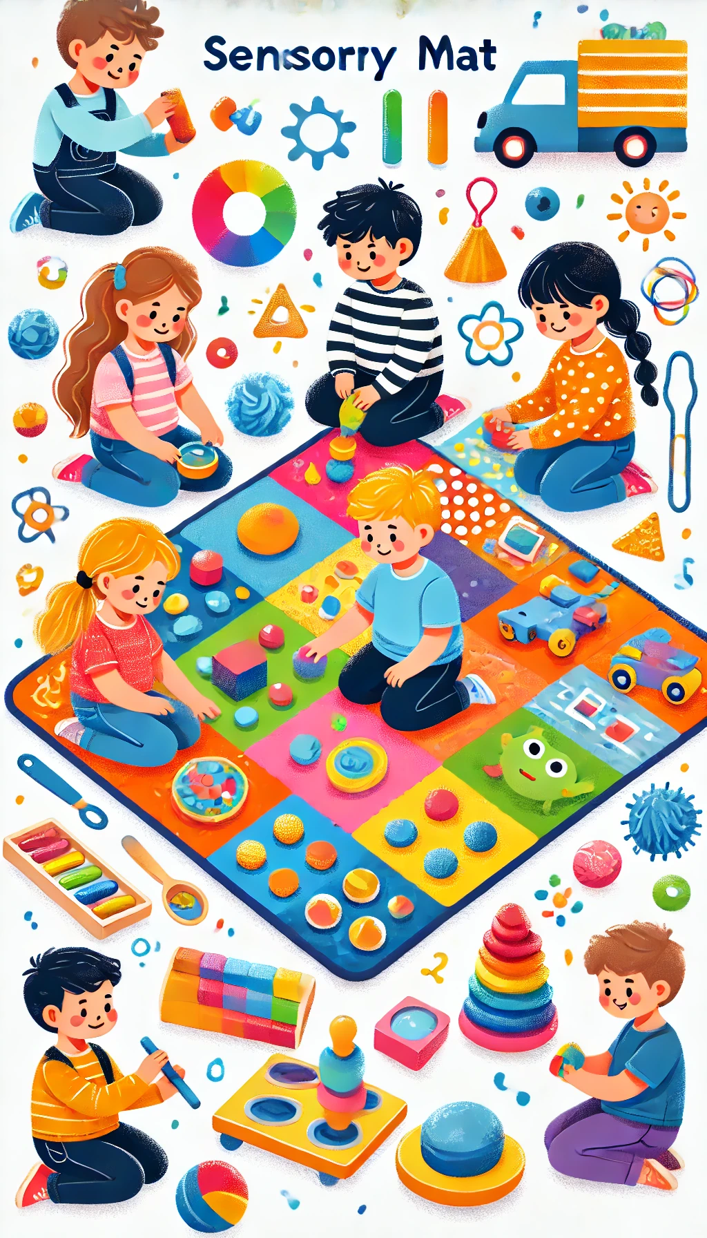 WebStories sobre Educação Infantil 8 DALL·E 2024 06 24 11.39.45 Children participating in sensory activities on a colorful sensory mat. They are engaged in different activities exploring various textures and objec