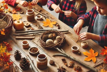 DALL·E 2024 06 24 11.52.30 Children creating crafts using natural materials found in autumn such as branches pinecones and leaves. The scene includes children crafting with t