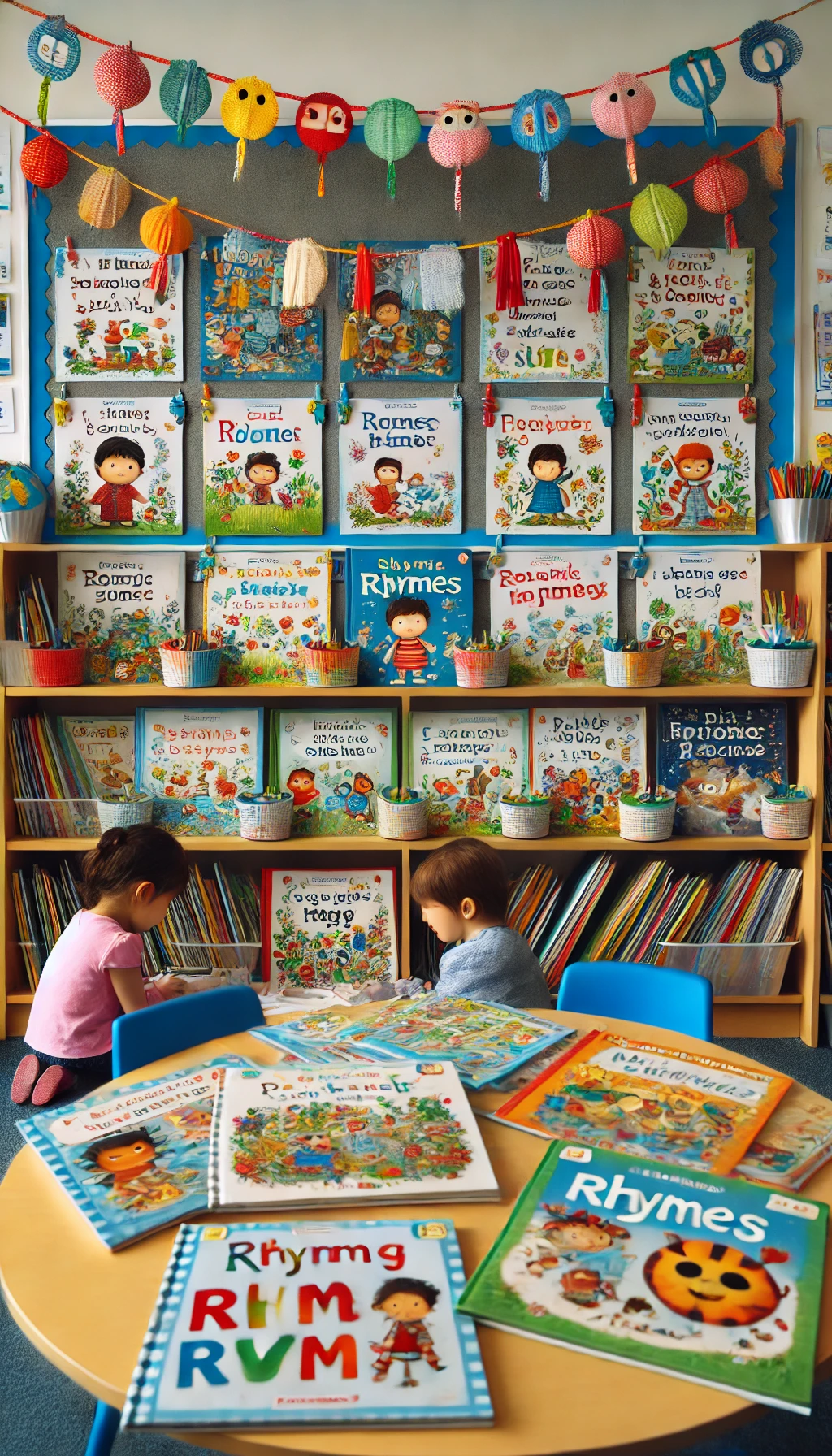 WebStories sobre Educação Infantil 6 DALL·E 2024 06 24 12.52.54 A display of books and resources on rhyming verses in a classroom. Children are browsing through colorful books and charts with rhymes eager to learn