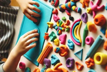 DALL·E 2024 06 25 09.52.46 A child playing with colorful modeling clay creating different shapes and figures. The clay is spread out on a table showcasing its vibrant colors a