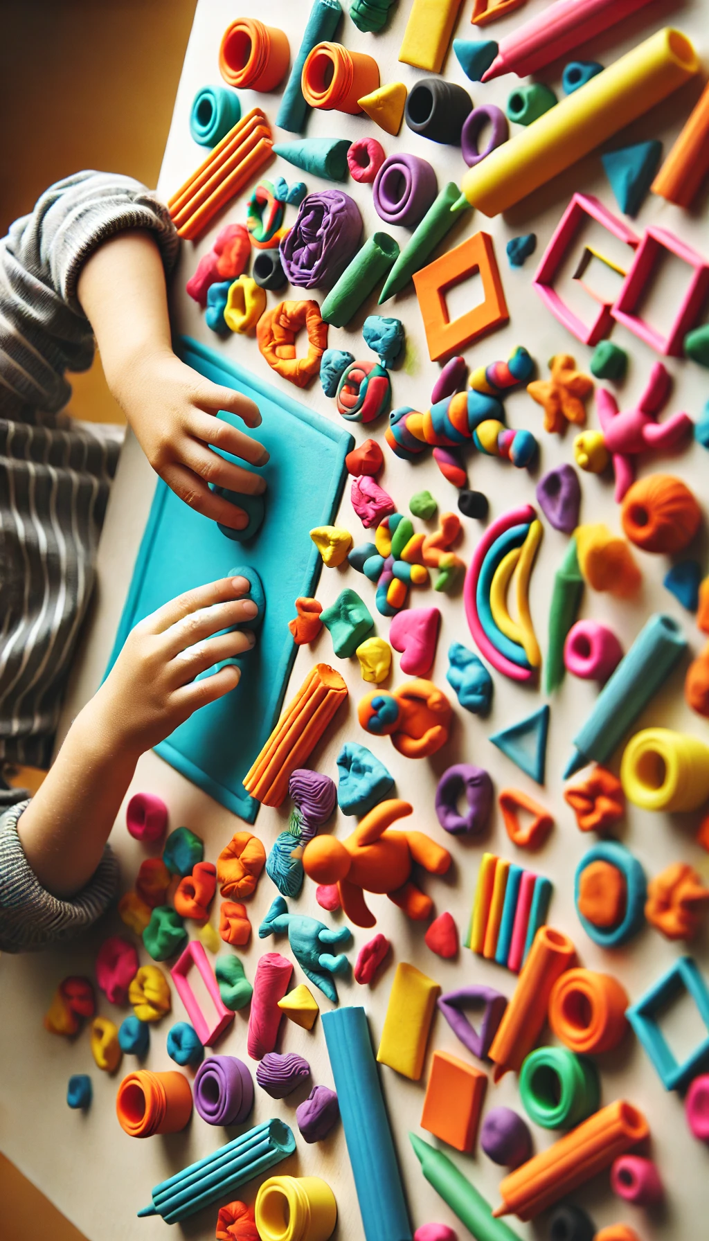 WebStories sobre Educação Infantil 5 DALL·E 2024 06 25 09.52.46 A child playing with colorful modeling clay creating different shapes and figures. The clay is spread out on a table showcasing its vibrant colors a