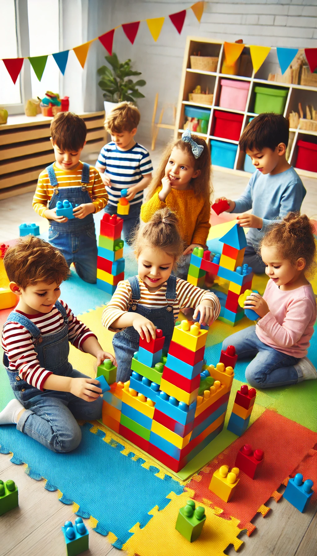 WebStories sobre Educação Infantil 4 DALL·E 2024 06 25 10.18.05 Children building with colorful blocks creating various structures with red blue and yellow blocks. Engaged and happy children playing on a colorfu