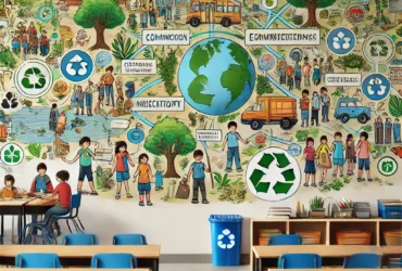 DALL·E 2024 06 25 10.30.41 A classroom with a mural connecting the school community to environmental projects. The mural includes contributions from students parents and teach