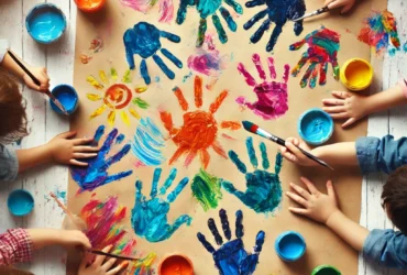 DALL·E 2024 06 25 10.43.52 Children using their hands to paint on large sheets of paper. The scene is colorful with vibrant handprints and smeared paint showing happy and enga