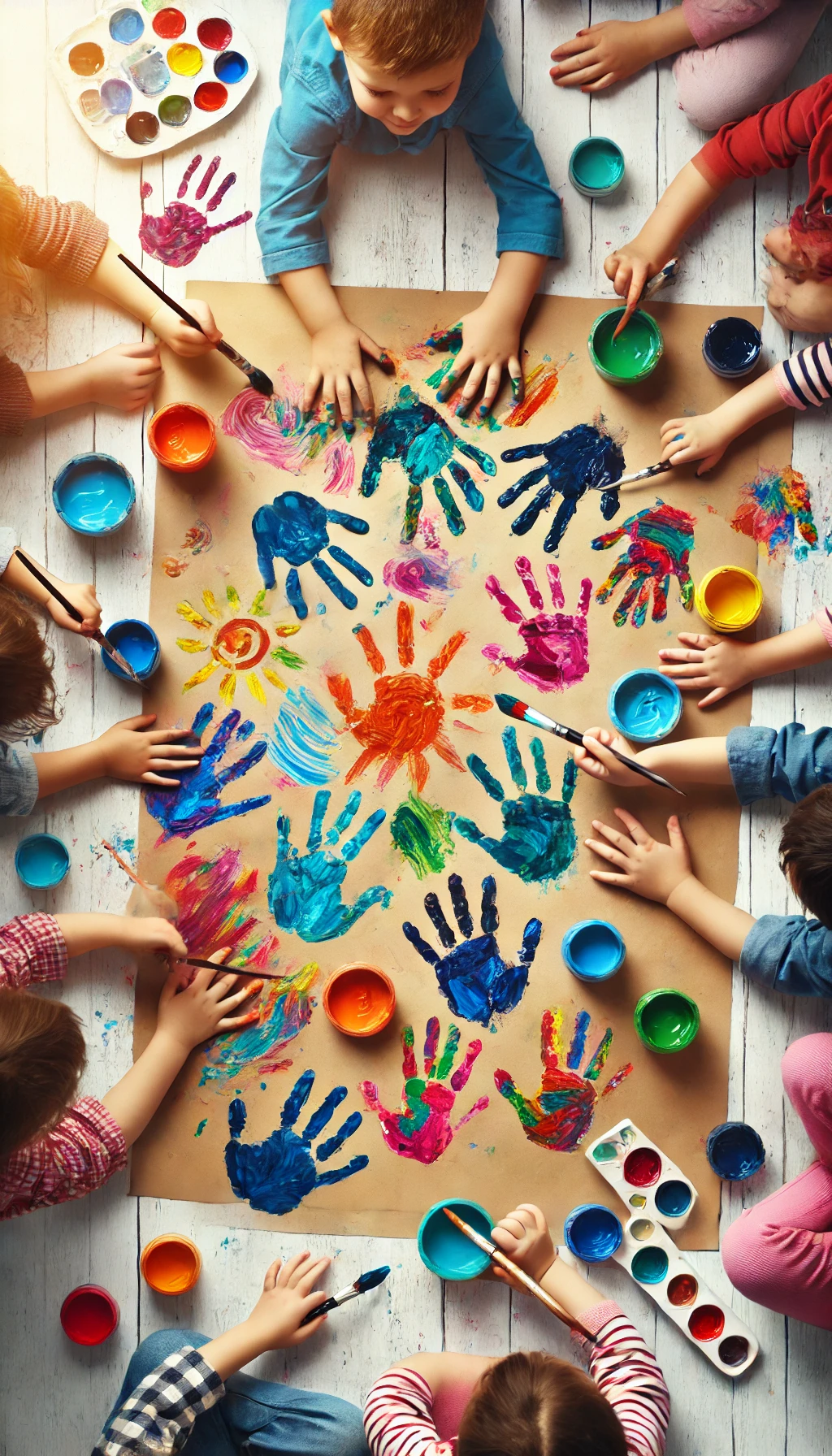 WebStories sobre Educação Infantil 2 DALL·E 2024 06 25 10.43.52 Children using their hands to paint on large sheets of paper. The scene is colorful with vibrant handprints and smeared paint showing happy and enga