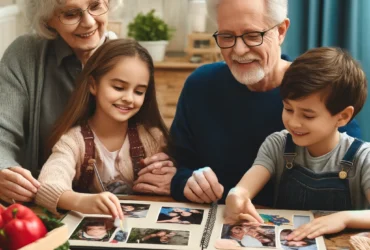 DALL·E 2024 07 24 10.58.46 Children and grandparents creating a photo album together at a table. The children are adding photos and decorations while the grandparents share sto