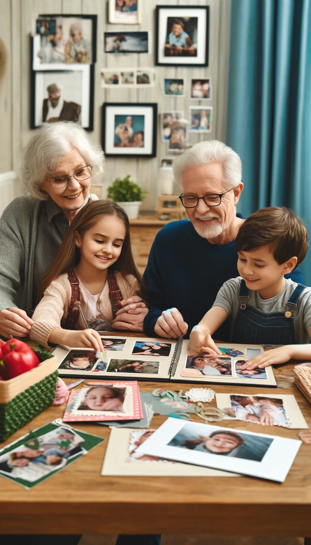 WebStories sobre Educação Infantil 9 DALL·E 2024 07 24 10.58.46 Children and grandparents creating a photo album together at a table. The children are adding photos and decorations while the grandparents share sto