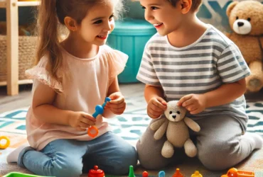 DALL·E 2024 07 24 11.11.36 Two children sharing toys and playing together happily in a colorful playroom