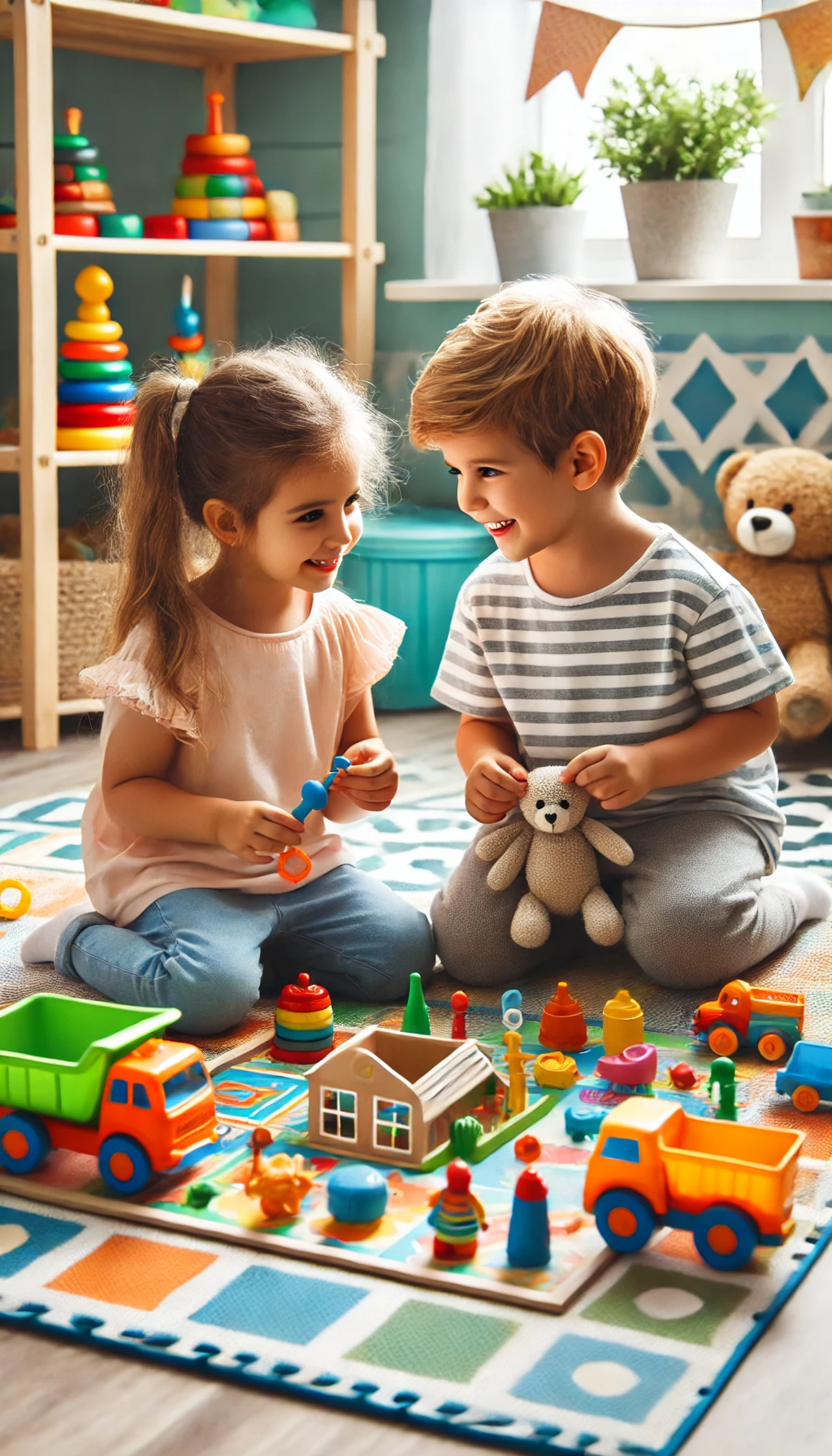 WebStories sobre Educação Infantil 8 DALL·E 2024 07 24 11.11.36 Two children sharing toys and playing together happily in a colorful playroom