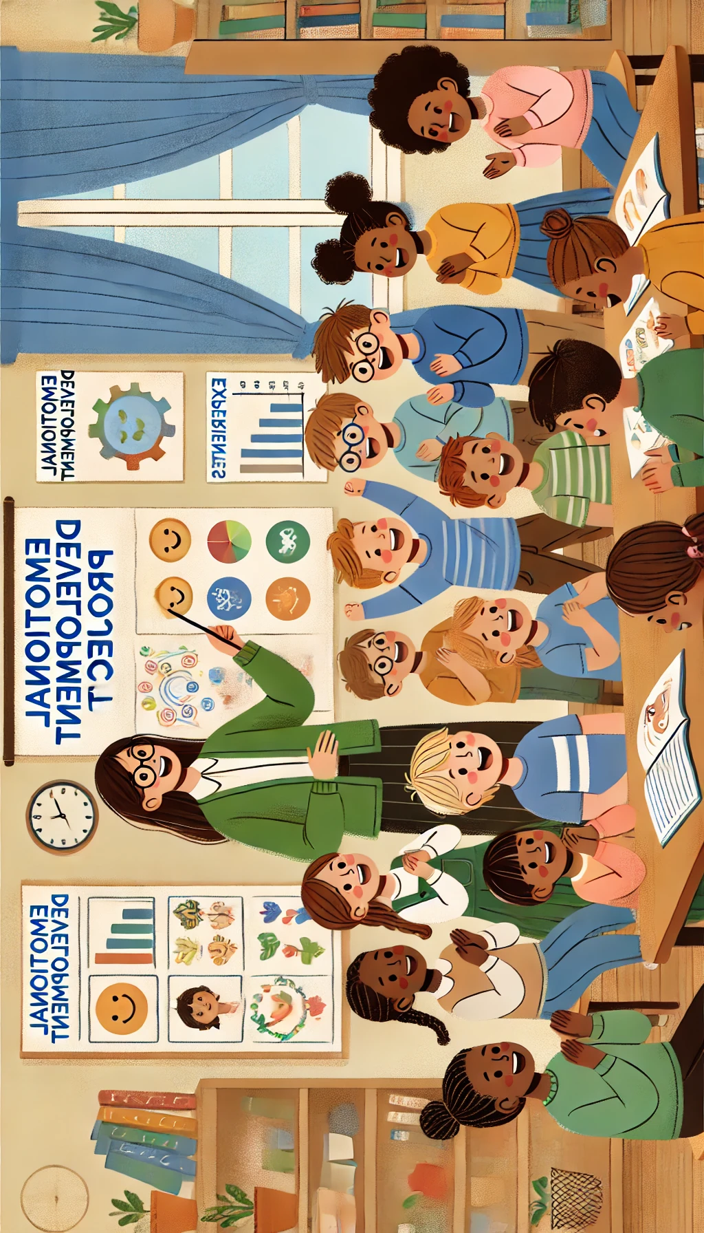 WebStories sobre Educação Infantil 7 DALL·E 2024 07 24 15.05.12 A joyful classroom scene showing children and teachers celebrating the success of an emotional development project. The children are smiling sharing