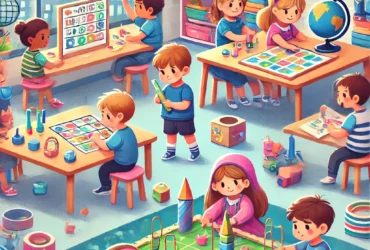 DALL·E 2024 07 24 15.18.24 Children engaged in educational games and activities in a classroom setting. The scene is lively and colorful showing children learning through play