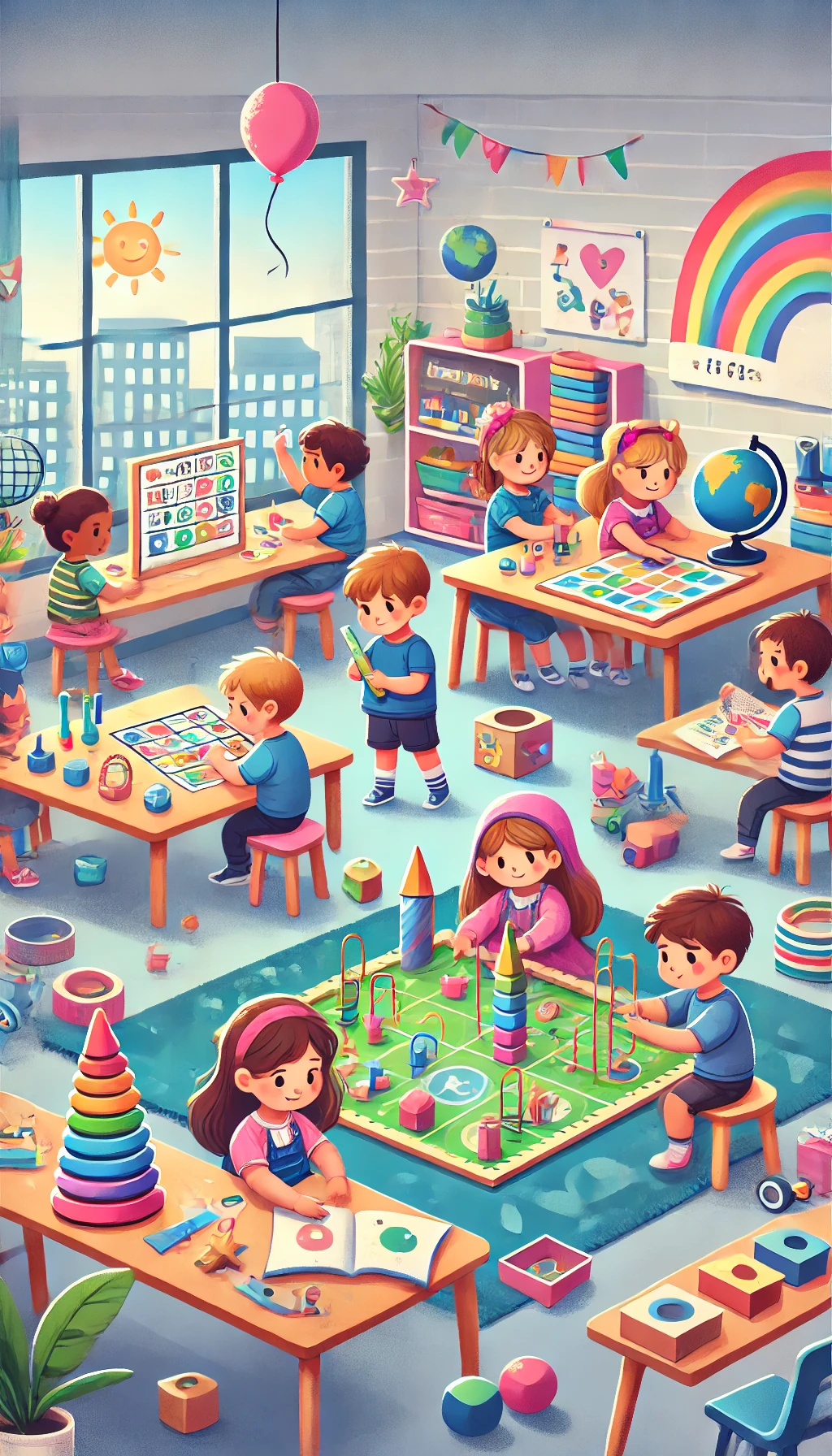 WebStories sobre Educação Infantil 6 DALL·E 2024 07 24 15.18.24 Children engaged in educational games and activities in a classroom setting. The scene is lively and colorful showing children learning through play