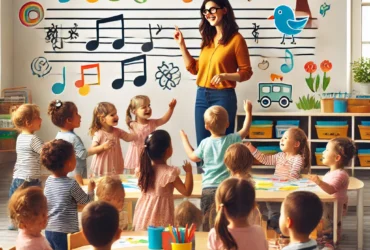 DALL·E 2024 07 24 15.32.31 Children in a classroom engaged in fun playful activities involving rhymes and chants guided by their teacher. The atmosphere is lively with colorf