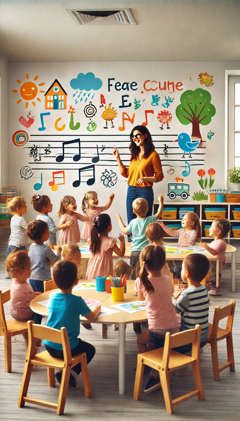WebStories sobre Educação Infantil 5 DALL·E 2024 07 24 15.32.31 Children in a classroom engaged in fun playful activities involving rhymes and chants guided by their teacher. The atmosphere is lively with colorf
