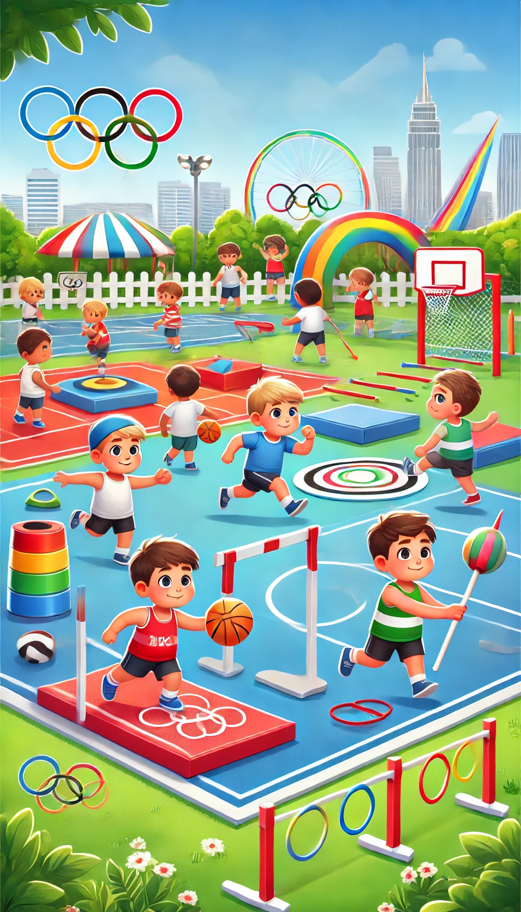 WebStories sobre Educação Infantil 3 DALL·E 2024 07 28 15.28.04 Young children exploring different Olympic sports in a colorful playground. They are trying out various activities like mini hurdles small basketball