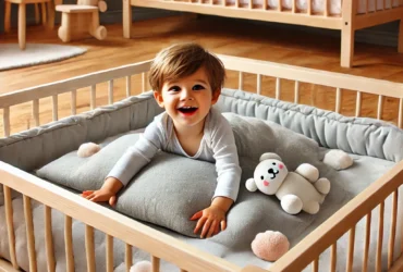 DALL·E 2025 02 14 16.54.38 A Montessori floor bed in a childrens room with a toddler happily playing nearby. The bed is designed for independence with soft padding and a safe