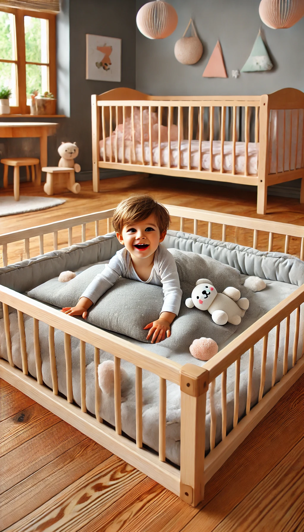 WebStories sobre Educação Infantil 1 DALL·E 2025 02 14 16.54.38 A Montessori floor bed in a childrens room with a toddler happily playing nearby. The bed is designed for independence with soft padding and a safe
